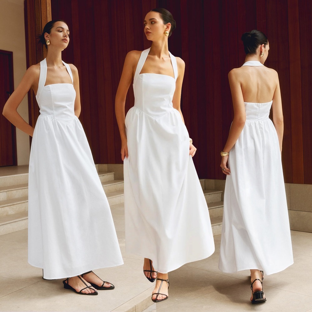 Commense White Halter Maxi Dress